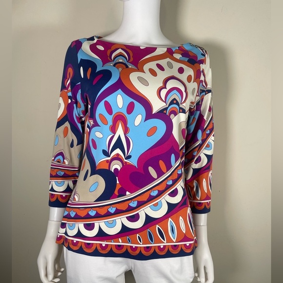J McLaughlin Catalina Cloth Top Blouse Womens Sz M Retro Paisley Boat Neck Vacay - Picture 8 of 15